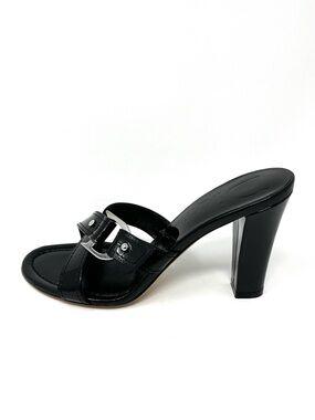 Vintage Christian Dior Galliano Y2K Black Patent D Buckle Sandals Heels 36.5 6.5